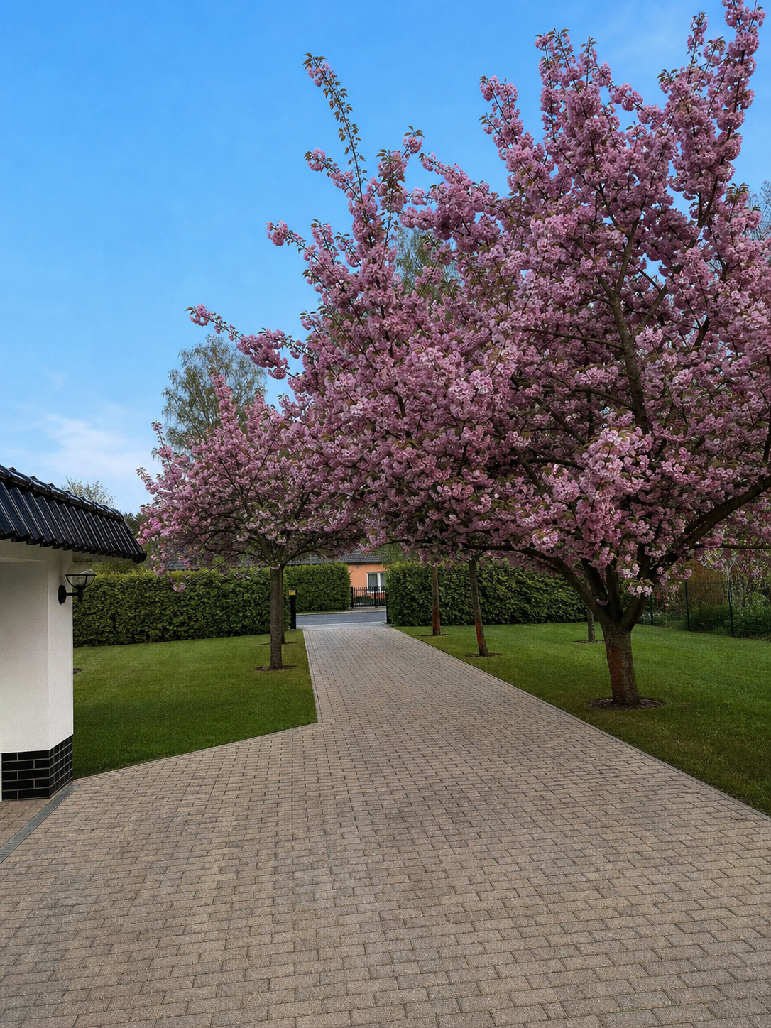 Einfahrt der Villa am Krüpelsee mit Kirschblüten