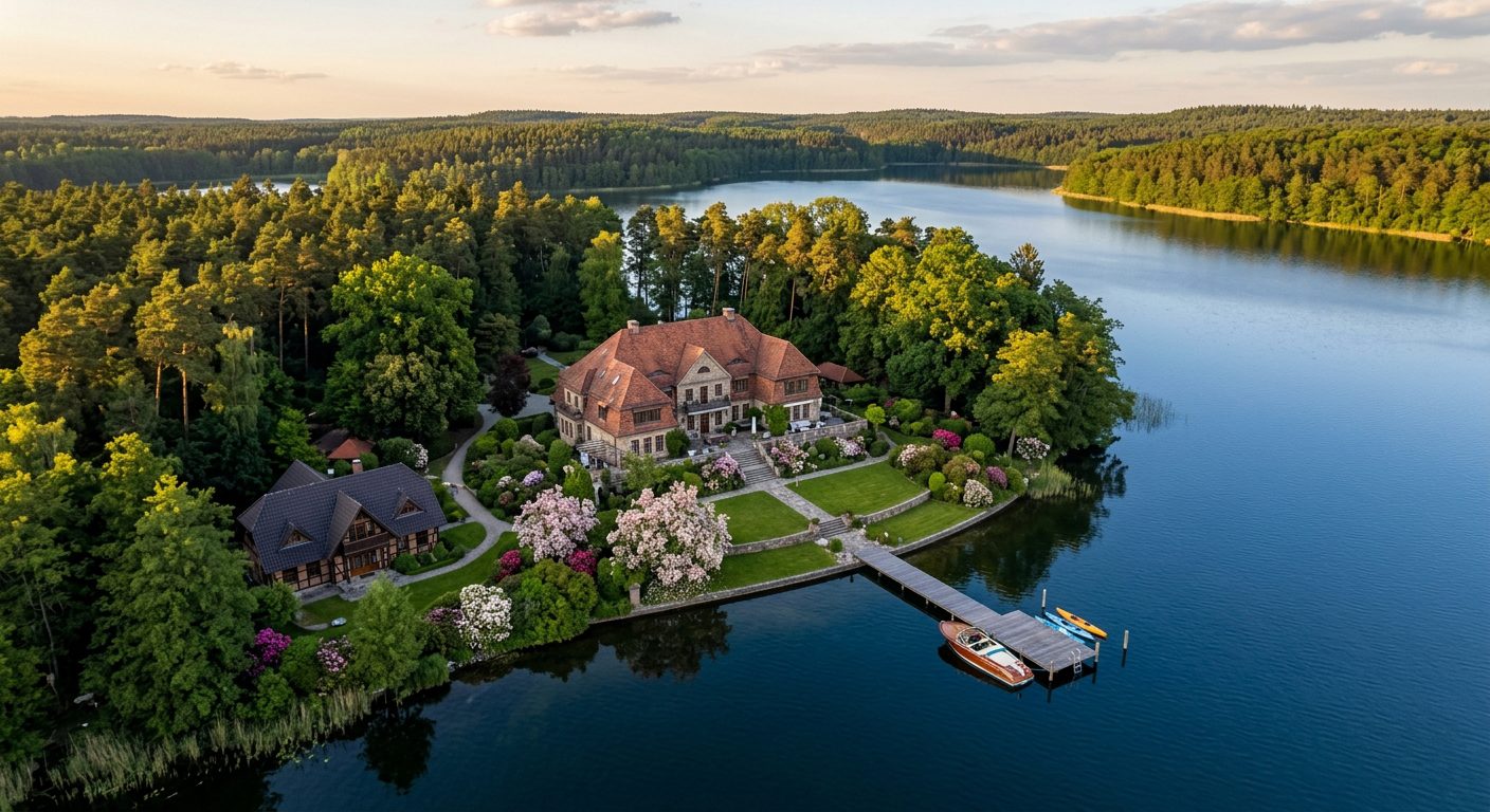 Villa mit Gästehaus und privatem Steg am Krüpelsee in Kablow aus der Vogelperspektive